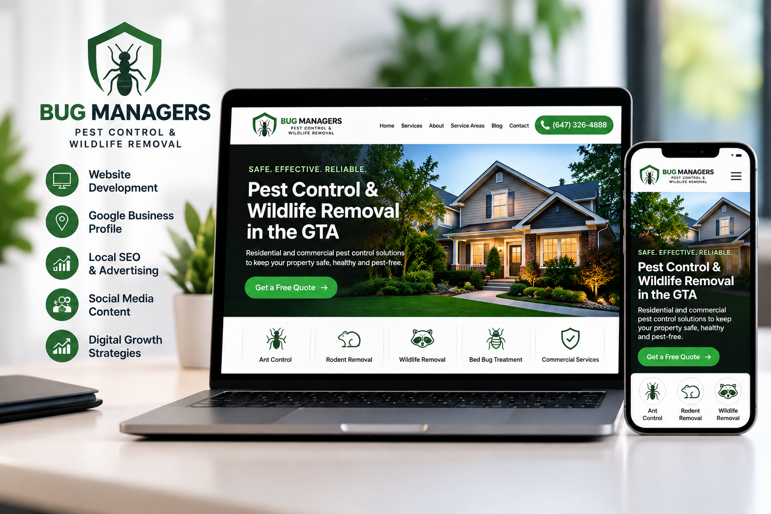 Bug Managers pest control and wildlife removal website, local SEO and digital marketing portfolio project